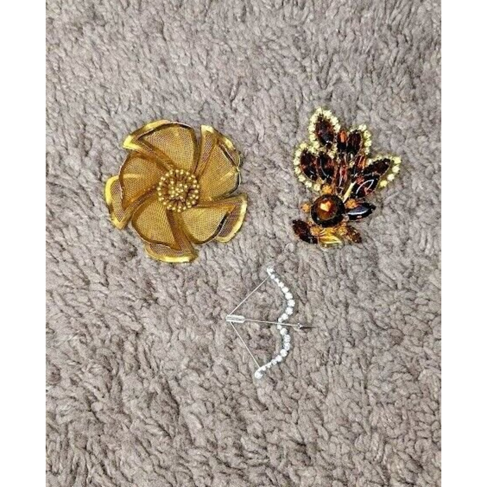 Set of 3 Brooches~2 Gold Floral & Silver Cupid Arrow